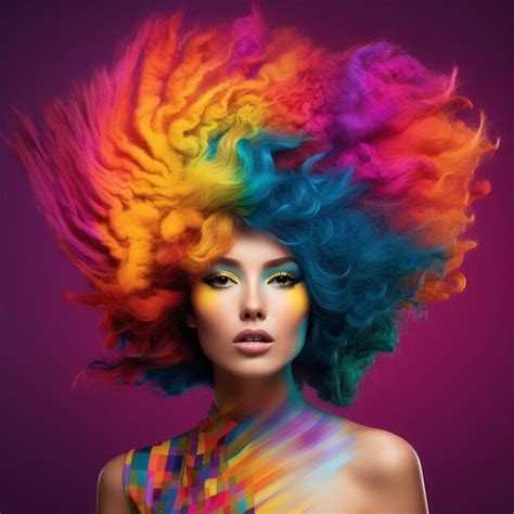 Premium Ai Image A Woman With A Rainbow Hair And A Colorful Wig With The Words Rainbow On It