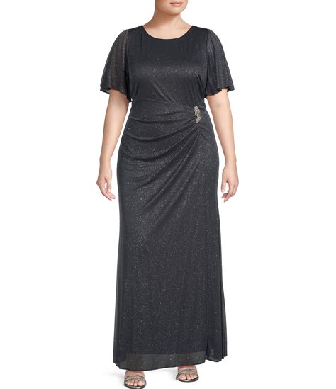 Ignite Evenings Plus Size Short Flutter Sleeve Round Neck Long Sheath