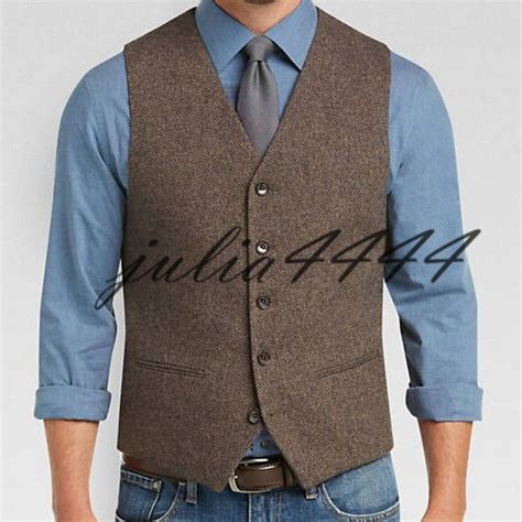 Vintage Brown Wool Tweed Vests Slim Mens Suit Vest Two Pocket Custom