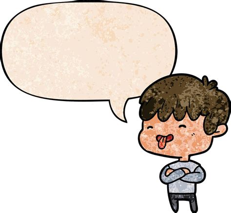 Cartoon Boy Sticking Out Tongue And Speech Bubble In Retro Texture