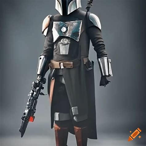 Mandalorian Bounty Hunter In Black Armor With Blaster Pistols And