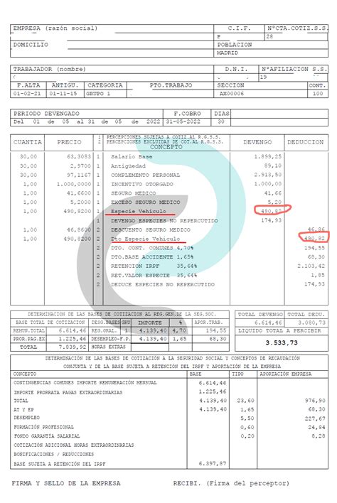 Ejemplo Nomina Retribuci N En Especie Veh Culo