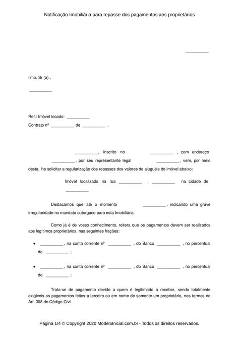 Modelo Notificação Imobiliária para repasse dos pagamentos aos