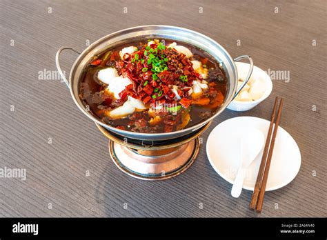 Sichuan Spicy Boiled Fish Hot Pot With Red Hot Spicy Chilli Asia China