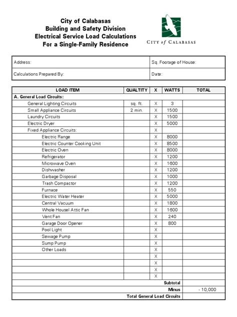 Residential Electrical Load Calculations Spreadsheet Xls Worksheets