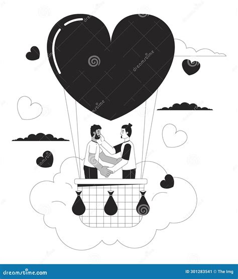 Romantic Hot Air Balloon Ride Black And White D Illustration Concept Stock Vector
