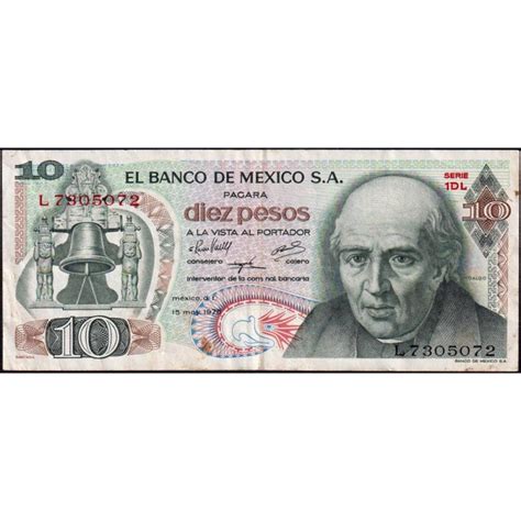 Mexique Pick 63h 2 10 pesos Série 1DL Préfixe L 15 05 1975