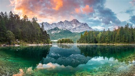 Mountain Peak Zugspitze Summer Day At Lake Eibsee Garmisch