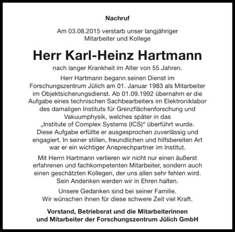 Traueranzeigen Von Karl Heinz Hartmann Aachen Gedenkt