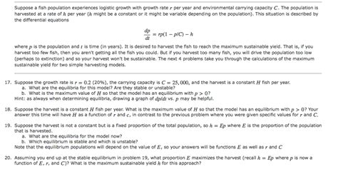 Solved Suppose A Fish Population Experiences Logistic Growth Chegg