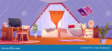 Girl Bedroom Interior On Attic Teen Mansard Room Cartoon Vector