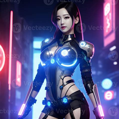 Cyberpunk Future Asian Woman In Robot Suit With Neon Light Generative