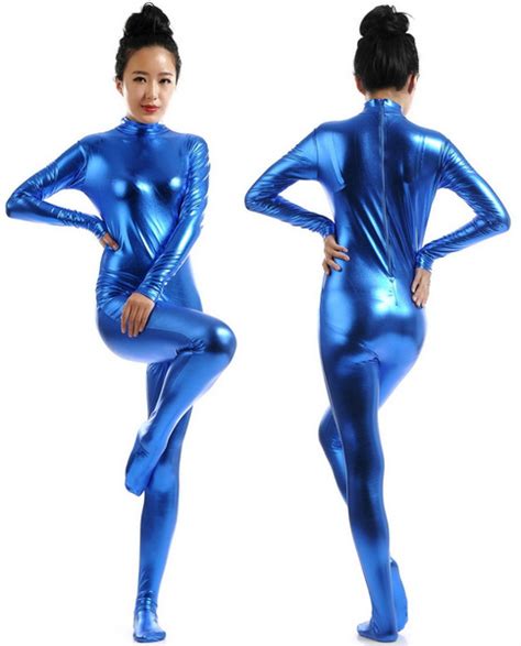 Blue Shiny Metallic Women Catsuit Costumes Sexy Women Tights Body Suit