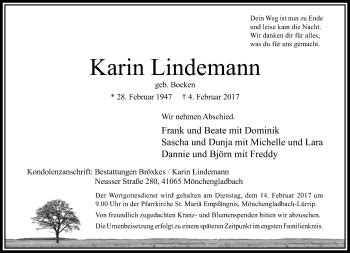 Traueranzeigen Von Karin Lindemann Trauer Und Gedenken