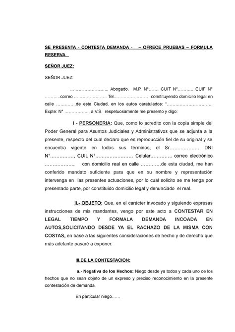 1 Modelo De Contestacion De Demanda Se Presenta Contesta Demanda Ofrece Pruebas