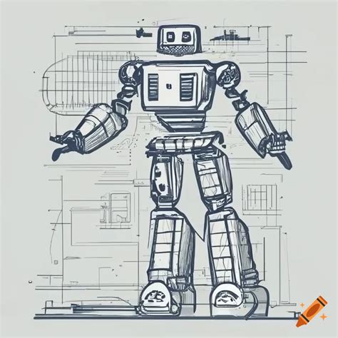 Robot Concept Drawing Technical Blueprint Retro Drafting Style