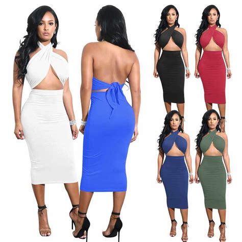 Sexy Women Midi Dress Crisscross Halter Bandage Cutout Backless Solid Slim Bodycon Dress