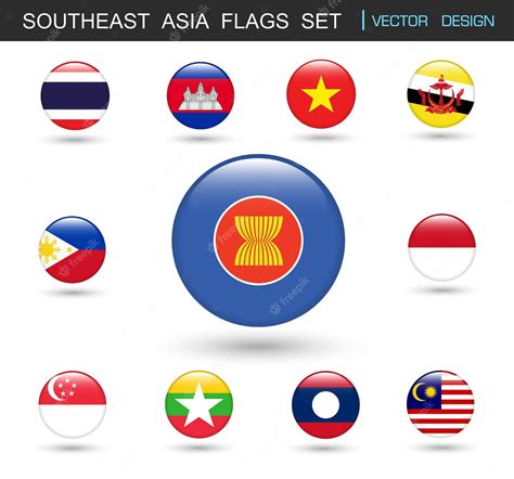 Premium Vector | Southeast Asia flags set and members in botton stlyevector design element ...