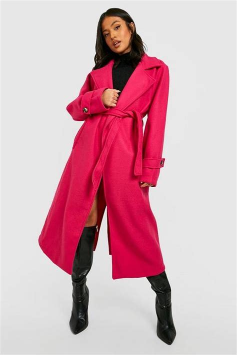 Petite Belted Wool Look Trench Boohoo