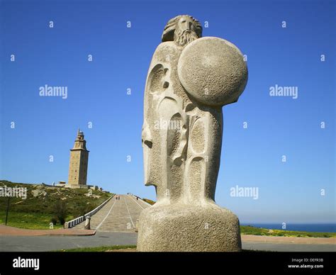 Breogan statue and Hercules tower A Coruña Galicia Spain Stock Photo