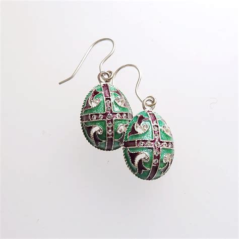 Faberge Egg Earrings Crosses Plated With Sterling Silver Enamel