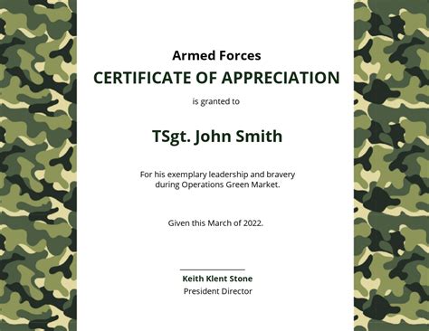 Army Certificate Of Appreciation Template Card Template