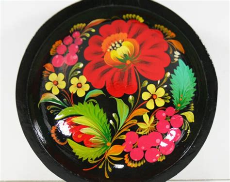 Vintage Hand Painted Russian Black Lacquer Footed Bowl Rich Brilliant