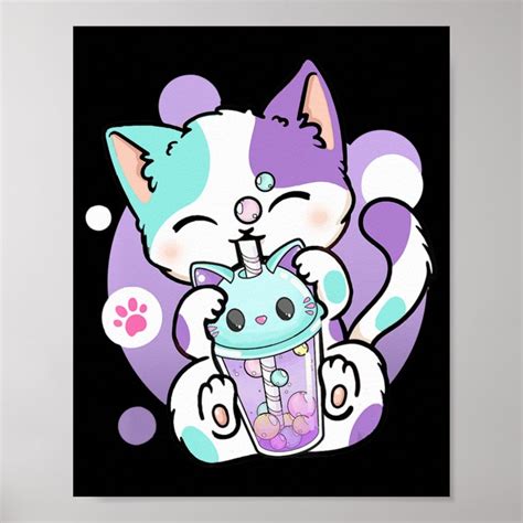 Anime Kawaii Cat Boba Bubble Tea Neko Boba Tea Cat Poster Zazzle