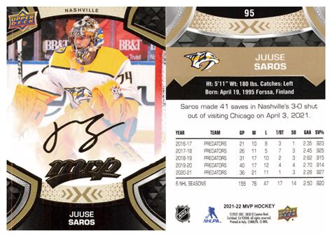 21 22 2021 22 Upper Deck MVP Gold Script 95 Juuse Saros Nashville