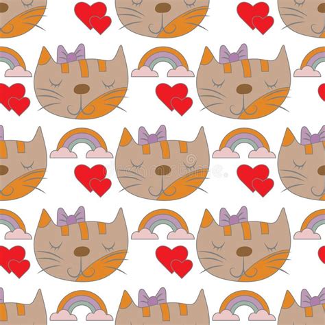 Seamless Pattern With Cute Cat Rainbow Clouds Red Hearts Great For