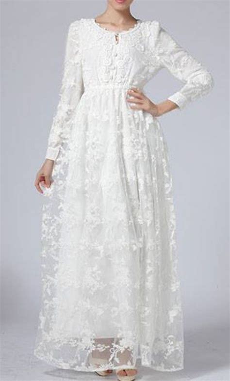 Womens Vintage White Lace Long Sleeve Dress White Lace Long Sleeve