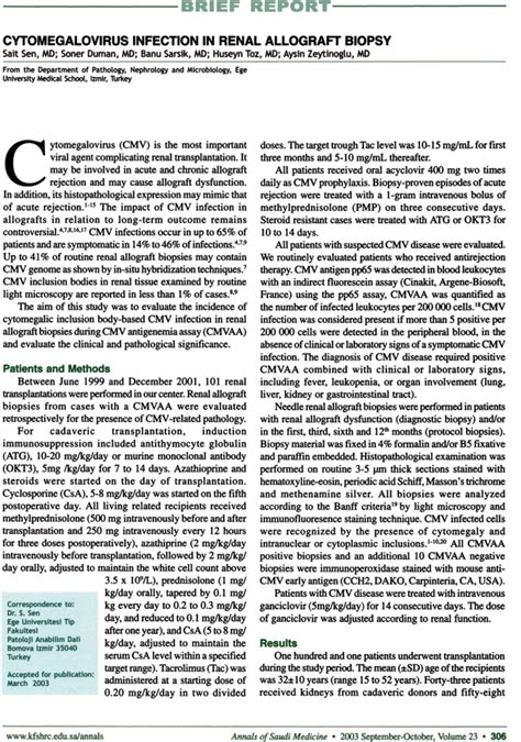 Cytomegalovirus Infection In Renal Allograft Biopsy Annals Of Saudi