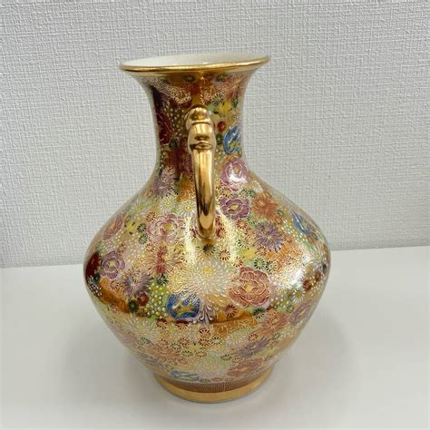 Yahooオークション 3490 旧家蔵出し 九谷焼 秀幸作 双耳花瓶 色絵