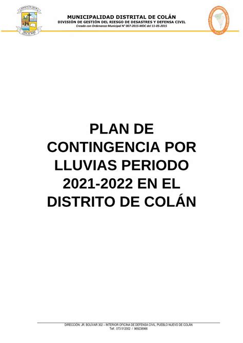 Pdf Plan De Contingencia Por Lluvias Periodo En Dokumen