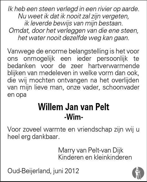 Willem Jan Wim Van Pelt Overlijdensbericht En Condoleances