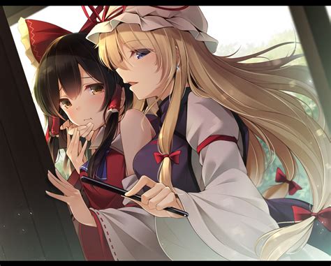 Girls Blonde Hair Blue Eyes Bow Brown Eyes Brown Hair Fan Hakurei