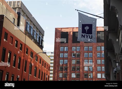 New York University buildings with the purple NYU logo flag hanging outside the entrance Stock ...