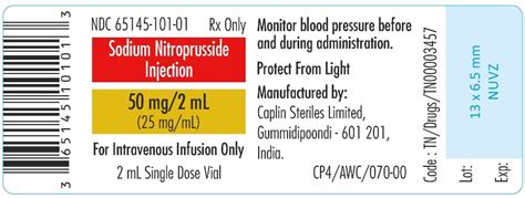 Ndc 65145 101 Sodium Nitroprusside Images Packaging Labeling