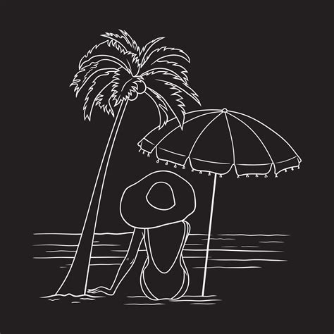 Lady Relaxing On The Beach With Umbrella And Coconut Tree Black And