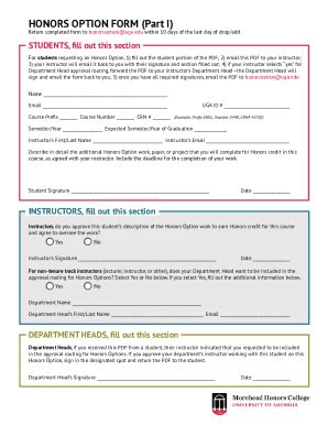 Fillable Online Honors Uga HONORS OPTION FORM Part I Fax Email Print