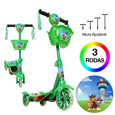 Patinete Infantil Patrulha Canina Verde 3 Rodas C Led E Som Submarino