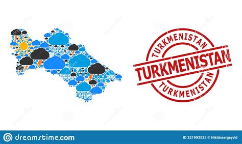 Weather Collage Map Of Turkmenistan And Rubber Badge Stock Vector