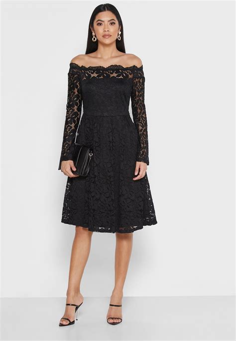 Buy Ella Black Bardot Lace Midi Dress For Women In Dubai Abu Dhabi