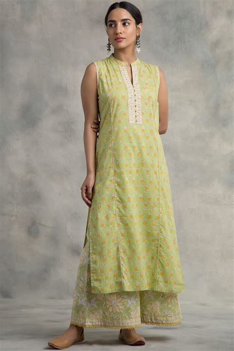 Buy Green Block Printed Straight Cotton Kurta For Women Fgmk20 259 Farida Gupta