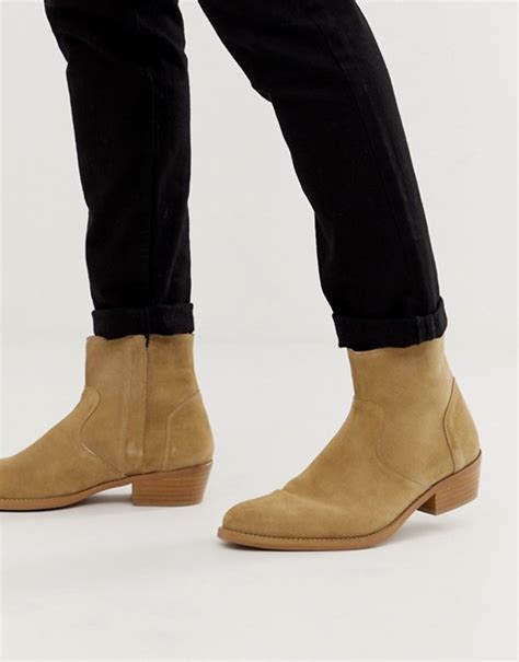 Asos Design Cuban Heel Western Chelsea Boots In Stone Suede With Natural Sole Asos