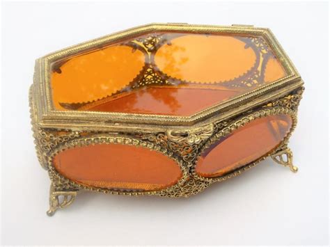 Vintage Gold Ormolu Amber Beveled Glass Large Jewelry Casket Coffin Shape Jewelry Casket