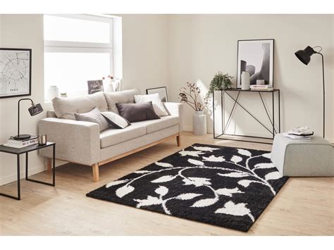 Tapis De Salon Noir Fleurs Poils Long Doux Oslo 160x230