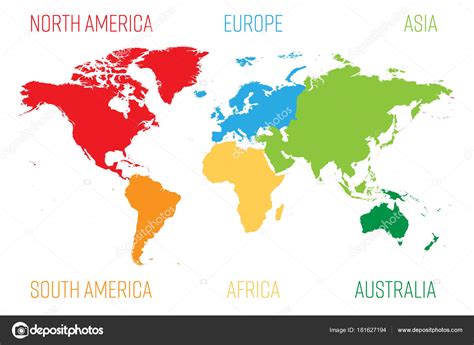World map divided into six continents. Each continent in different ...