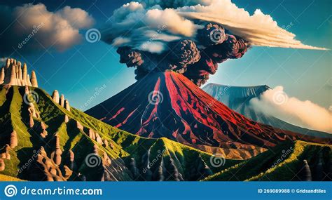 Volcano Erupts Smoke Landscapes Digital Painting Illustation. Ai ...