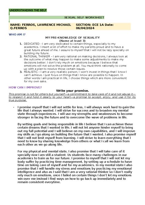 Worksheet Sexual Self 2023 Understanding The Self Sexual Self Worksheet Name Ferros